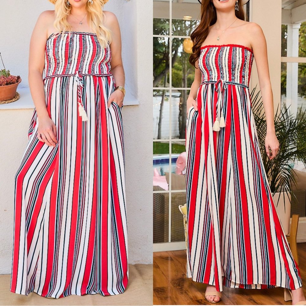 MULTICOLOR STRIP SMOCKING STRAPLESS MAXI DRESS